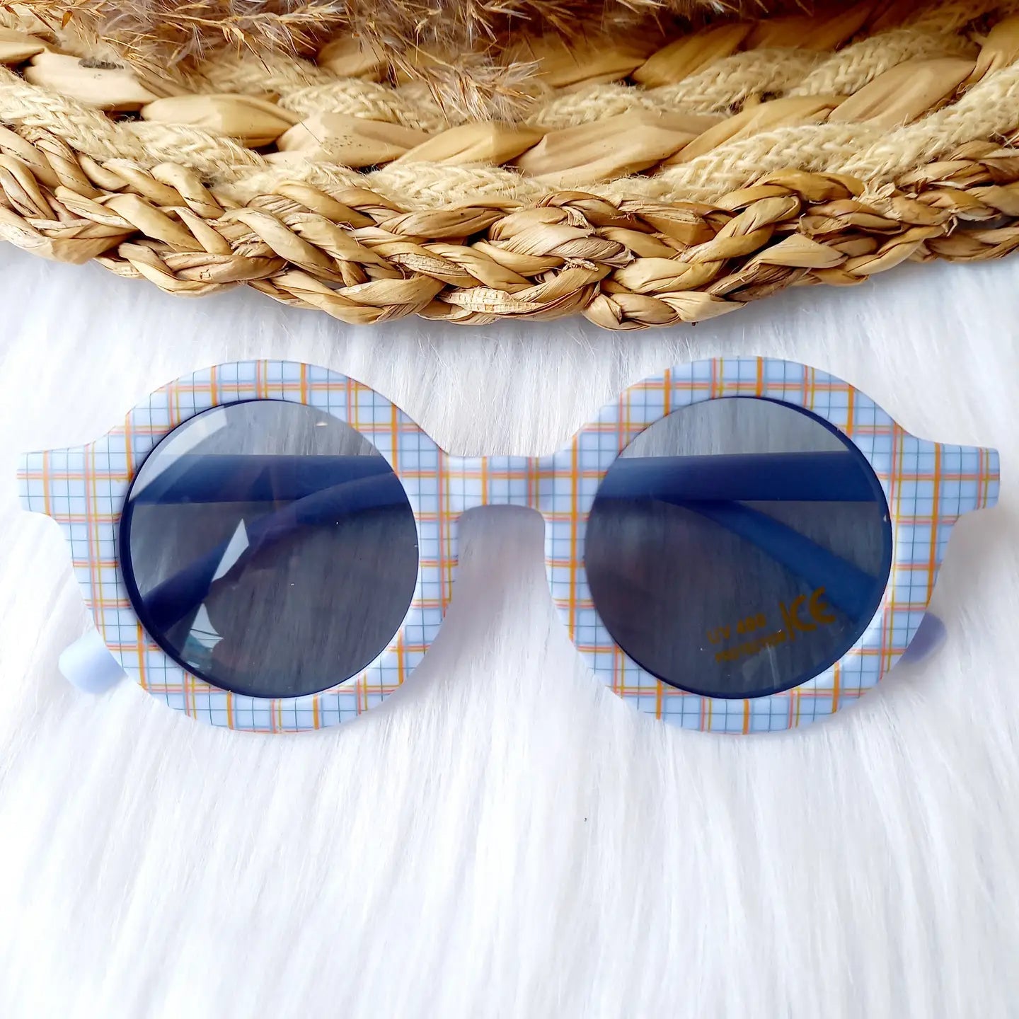 RETRO KIDS SUNGLASSES | BLUE CHEQ PRINT - OTHERLETTERS