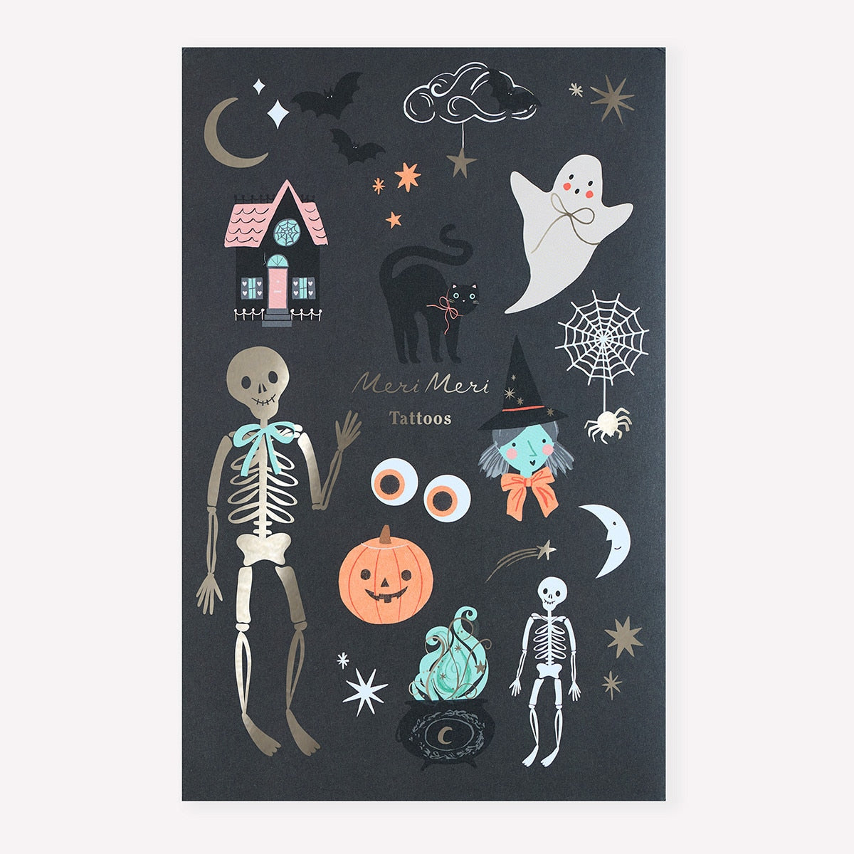 Halloween icons temporary tattoos with shimmering silver foil details