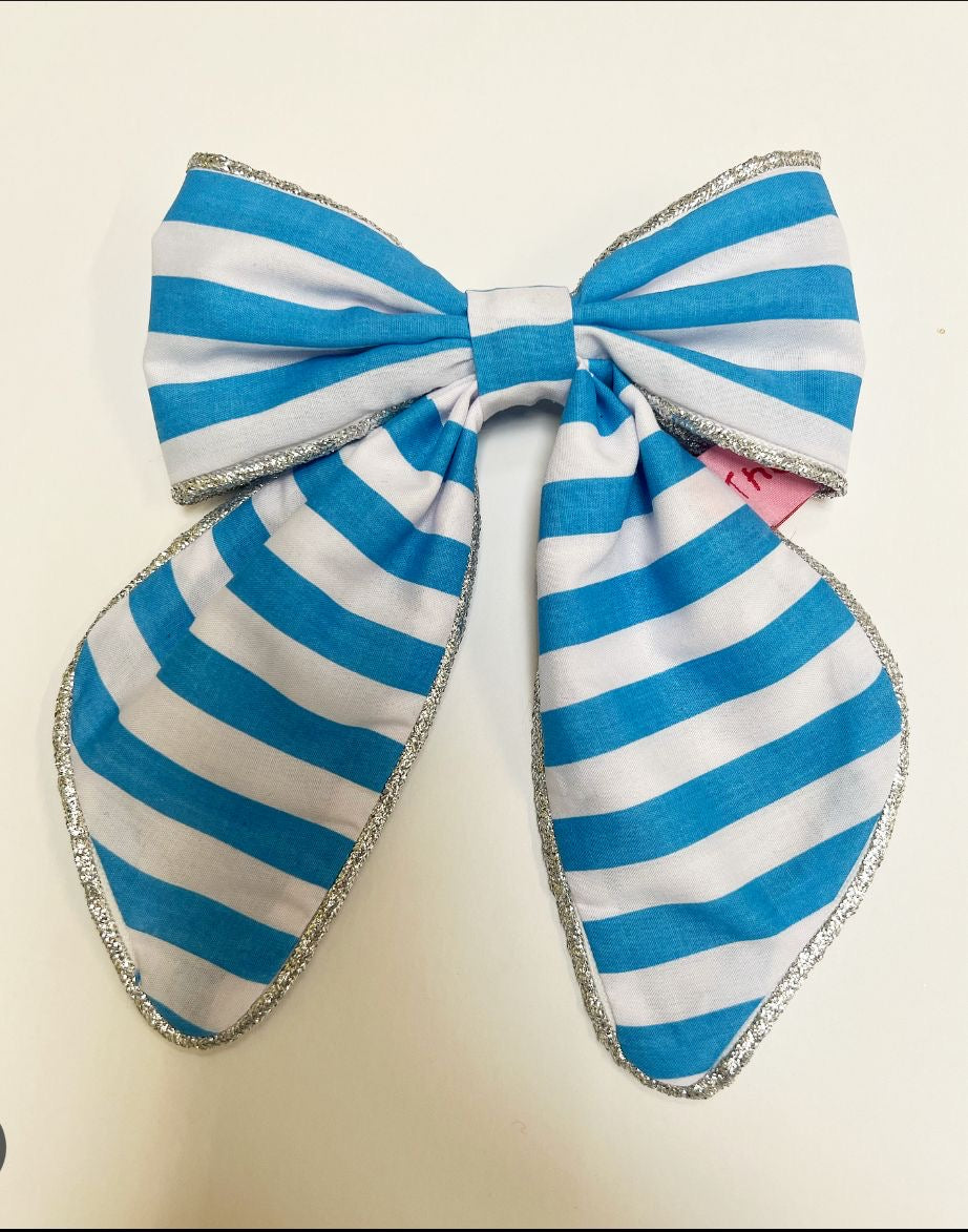 POLLY HAIR BOW (WHITE & BLUE STRIPE WITH SILVER TRIM0 | BY THE GIRLS BOWS