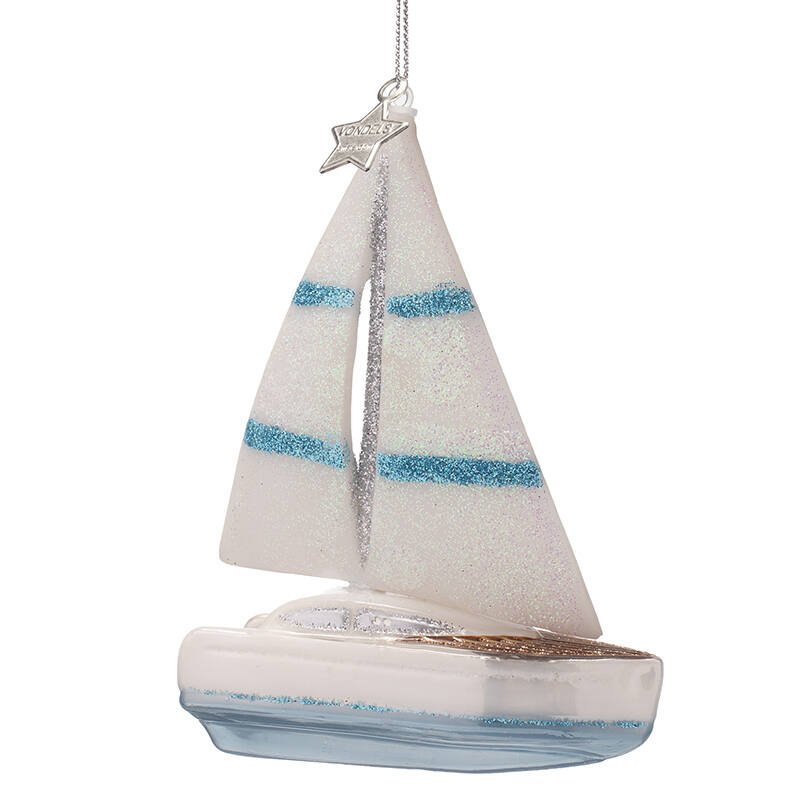 WHITE SAILING BOAT GLASS TREE DECORATION - OTHERLETTERS