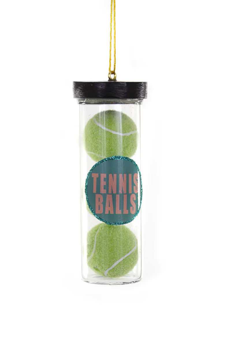 CANISTER OF TENNIS BALLS GLASS TREE DECORATION