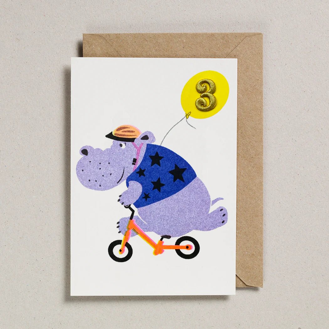 AGE 3 HIPPO ON BIKE | CARD BY PETRA BOASE - OTHERLETTERS