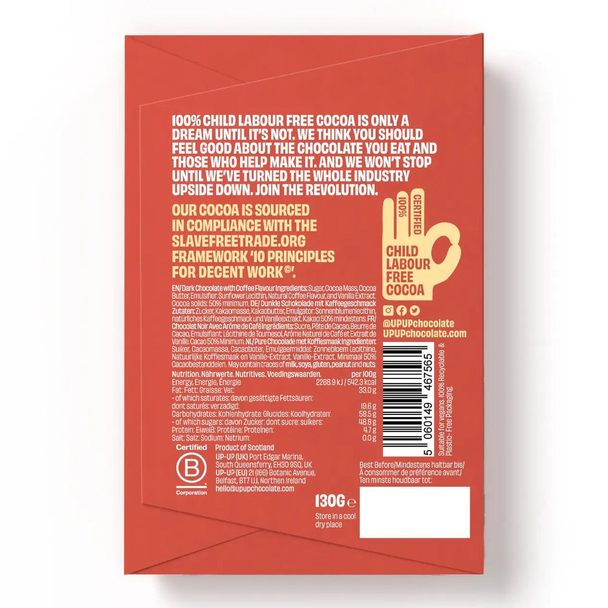 Dark espresso chocolate bar by Up Up, 120g, another view