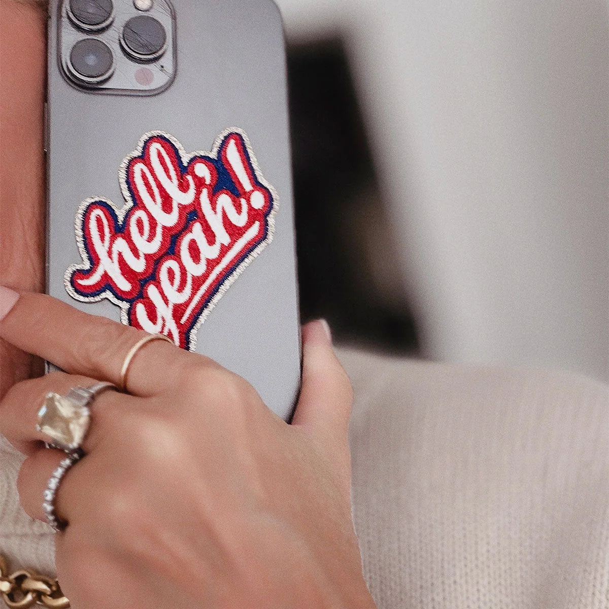 Embroidered sticker reading Hell Yeah