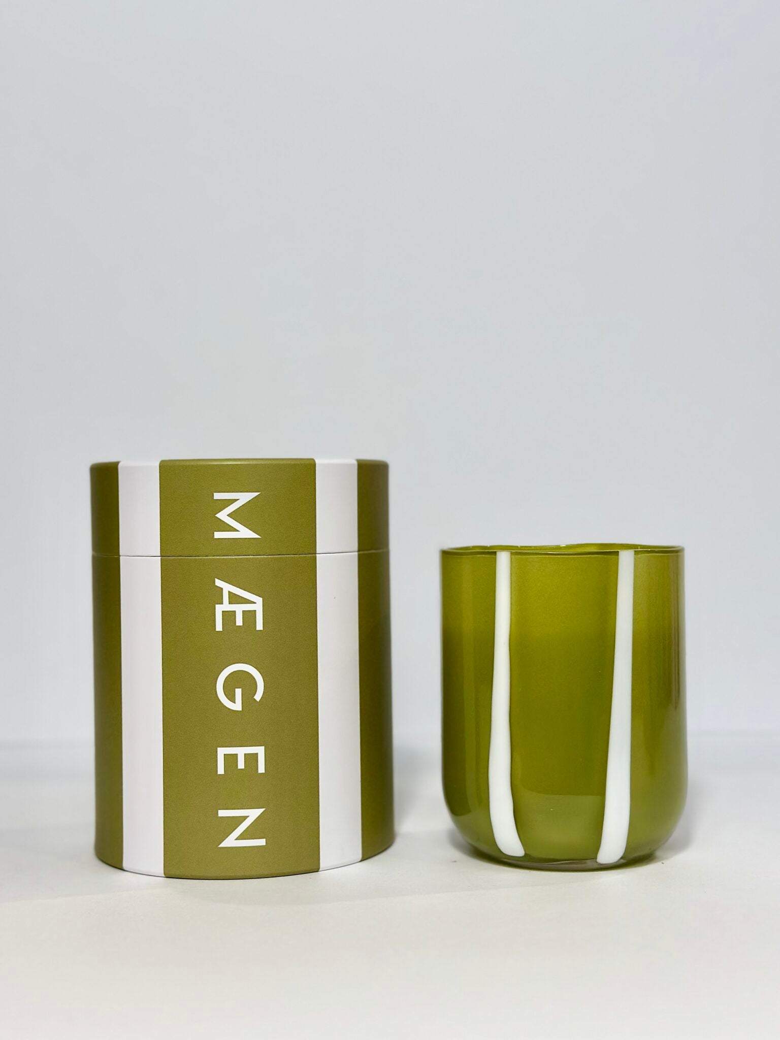 OLIVE/ WHITE MAEGEN ATINA STRIPE CANDLE | FRESH OLIVE & LEMON - OTHERLETTERS