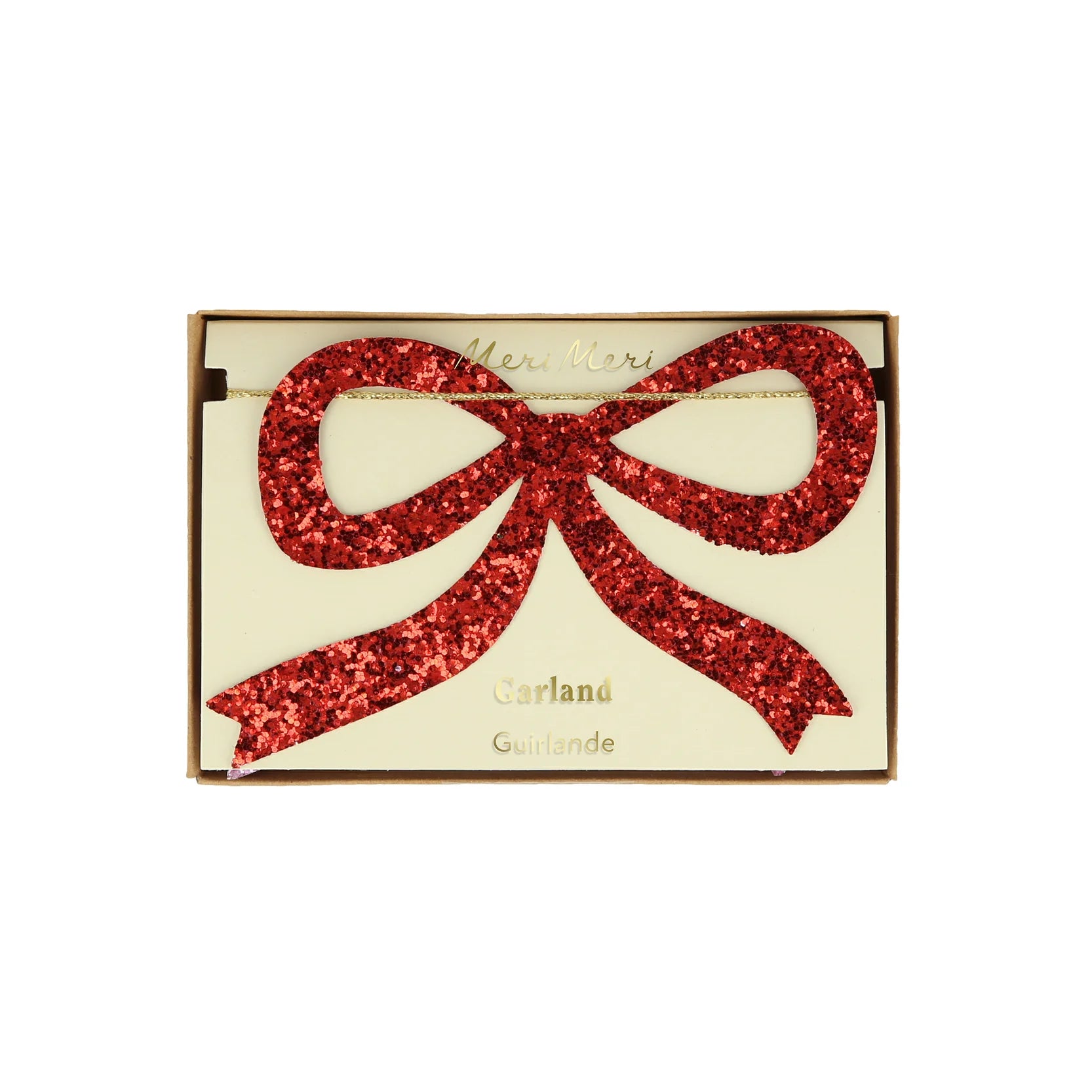 Close-up of a red and pink glitter bow on the garland