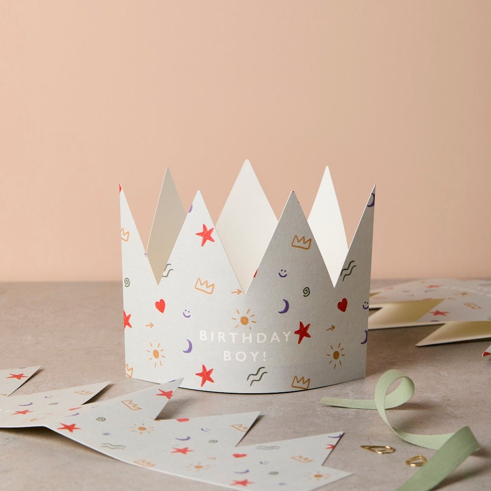 PATTERNED PAPER CROWN BIRTHDAY CARD – “BIRTHDAY BOY!” - OTHERLETTERS