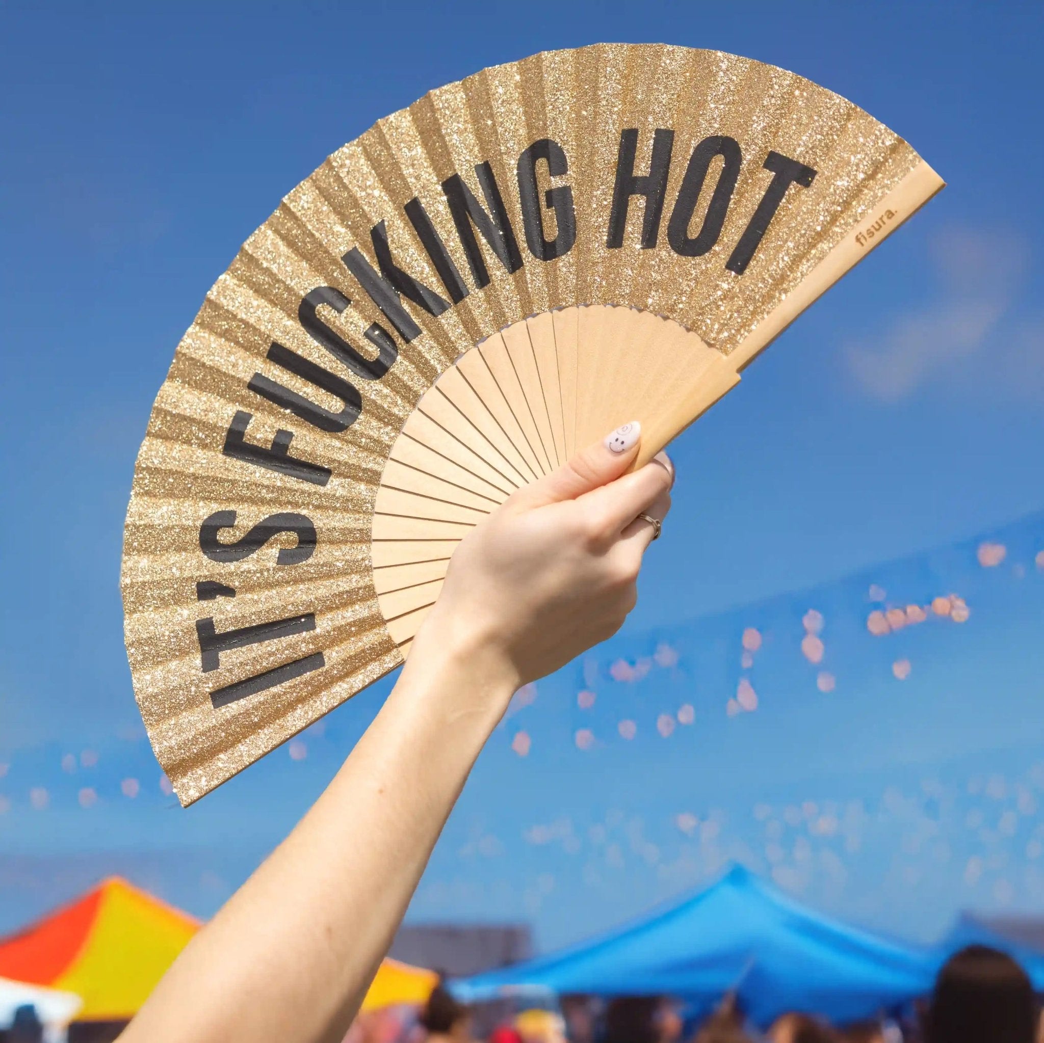 * PRE ORDER * GOLD GLITTER 'IT'S FUCKING HOT" HAND FAN - OTHERLETTERS