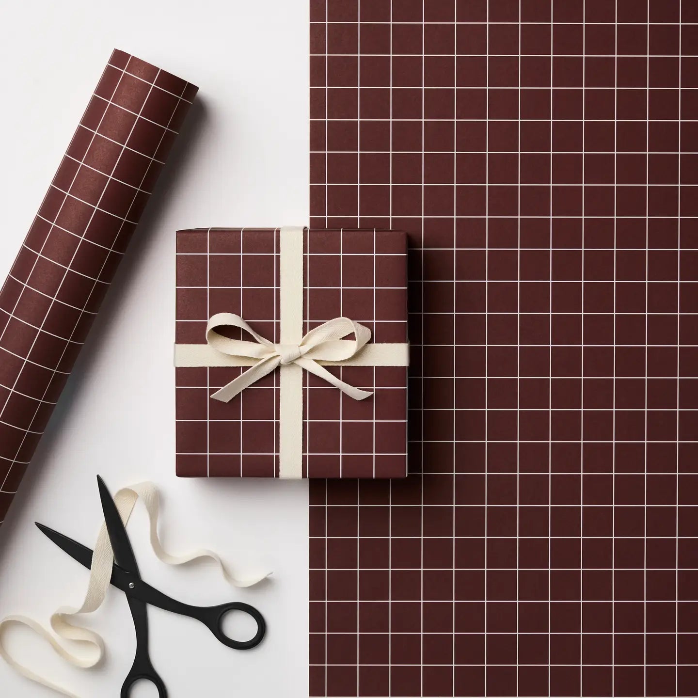 RUSSET (BROWN/ BURGUNDY) GRID GIFT WRAP | 3 SHEETS ROLLED - OTHERLETTERS