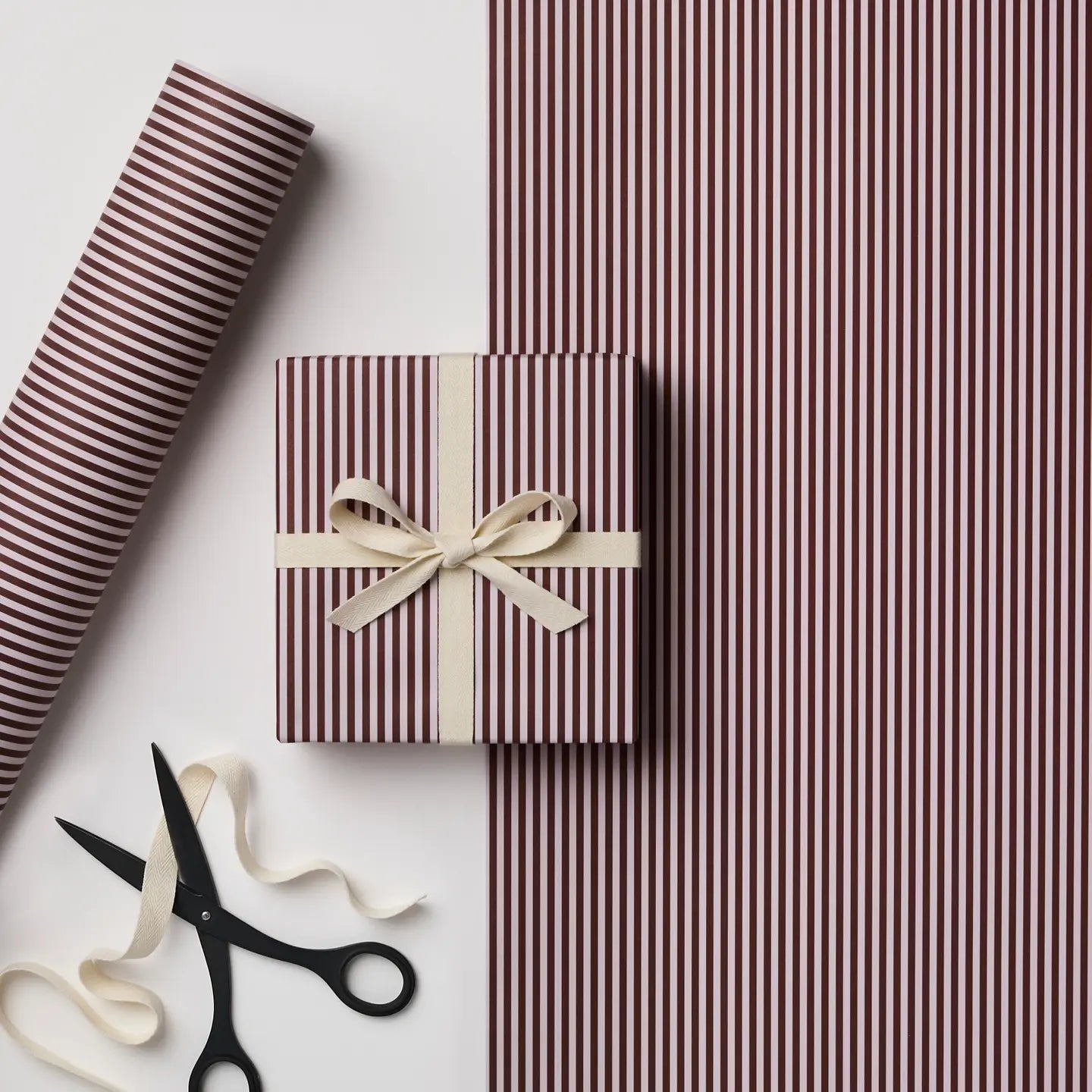 RUSSET/ BURGUNDY TICKING STRIPE GIFT WRAP | 3 SHEETS ROLLED - OTHERLETTERS