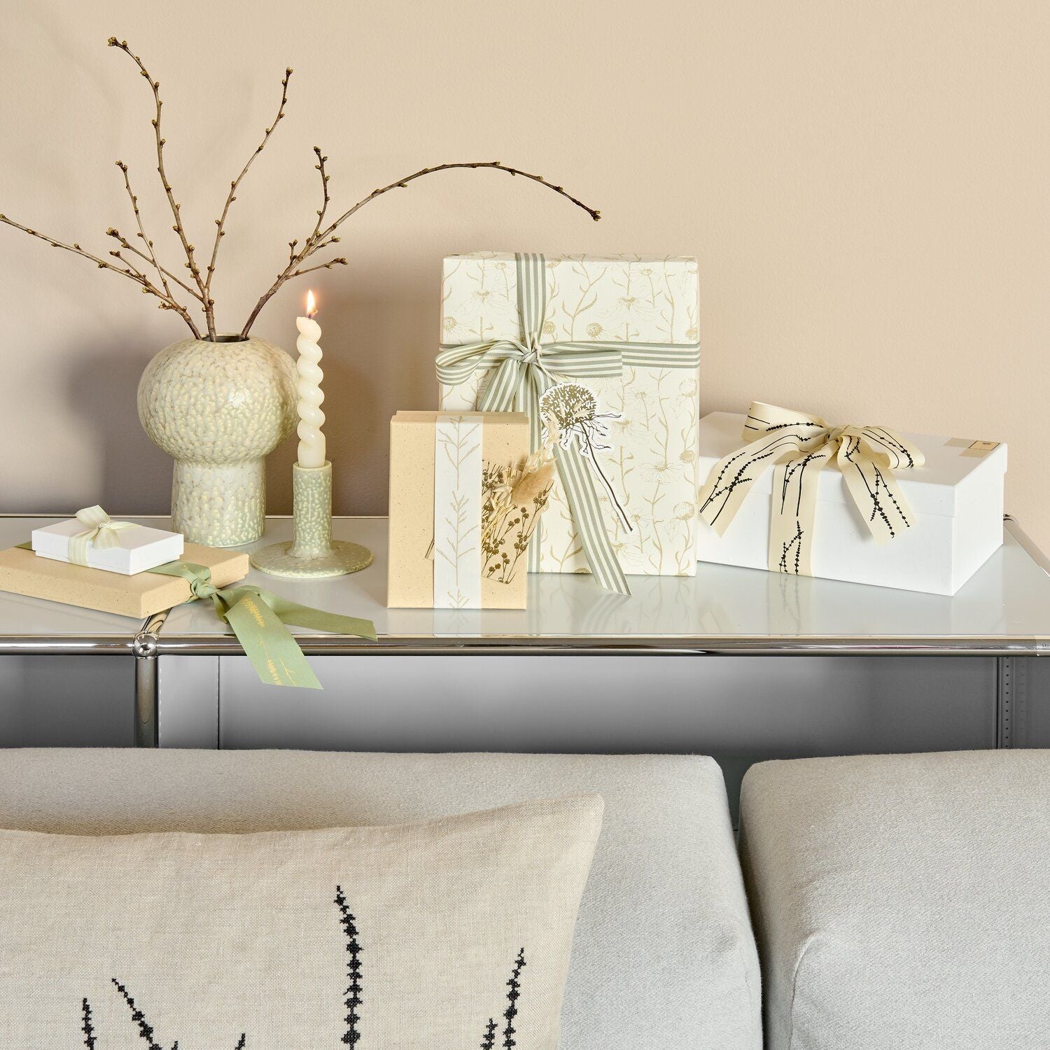 WOVEN DUO STRIPE RIBBON | SAGE & CREAM 25mm - OTHERLETTERS