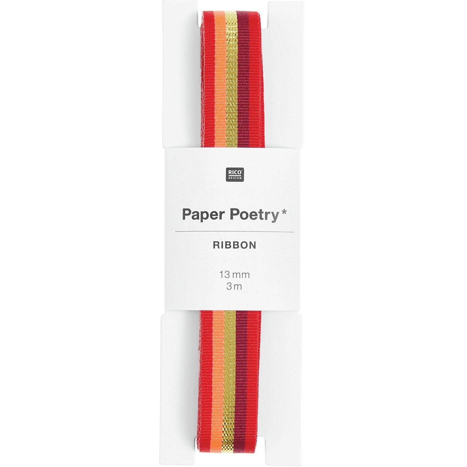 WOVEN RIBBON MULTI STRIPES RED/ ORANGE/ GOLD 13mm - OTHERLETTERS