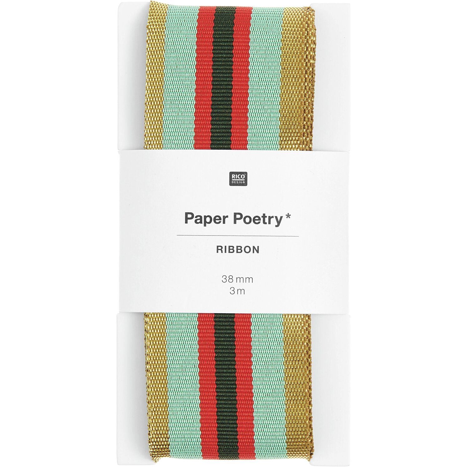 MULTI STRIP RIBBON GOLD/GREEN/ RED 38mm - OTHERLETTERS