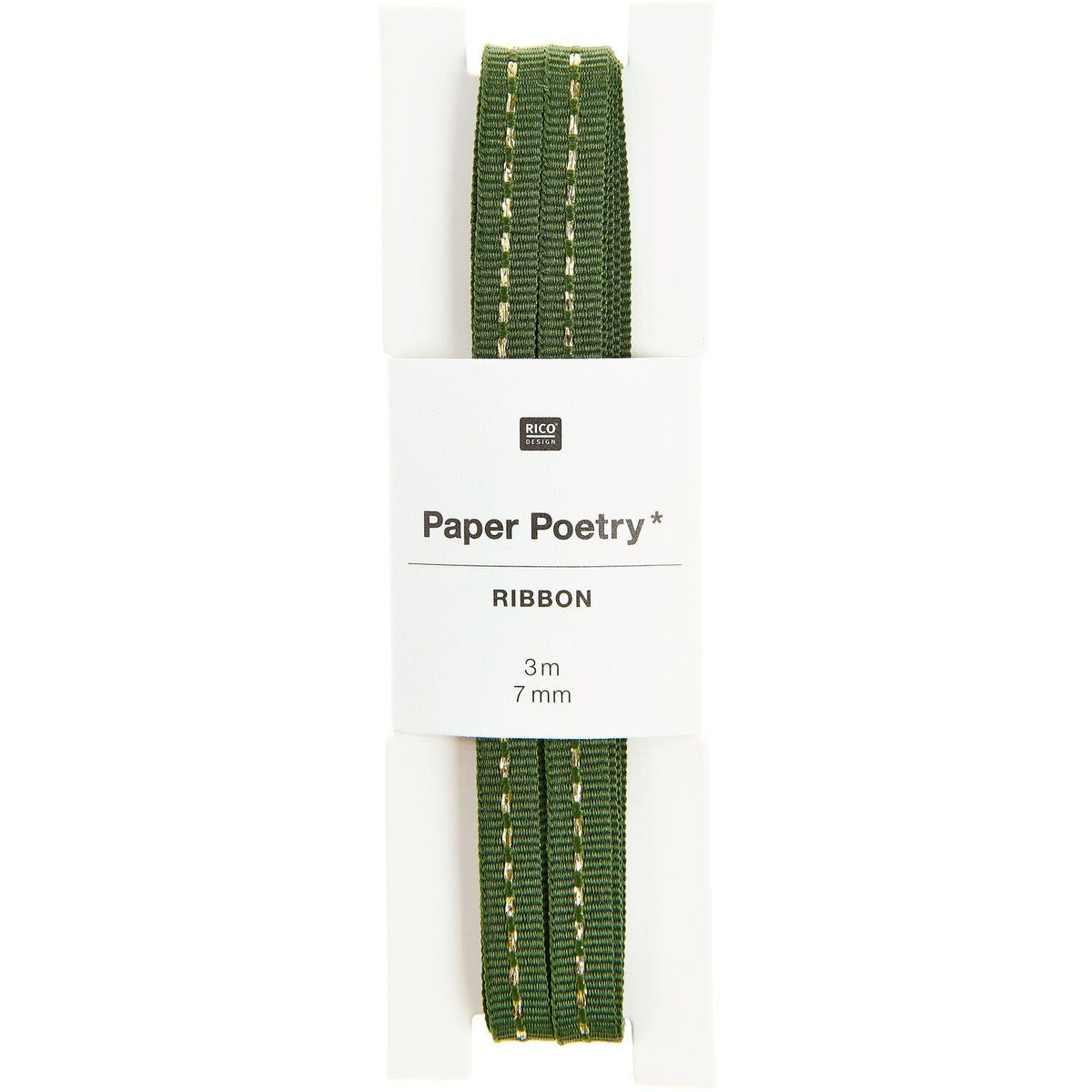 DARK GREEN RIBBON WITH GOLD STITCHING 7mm