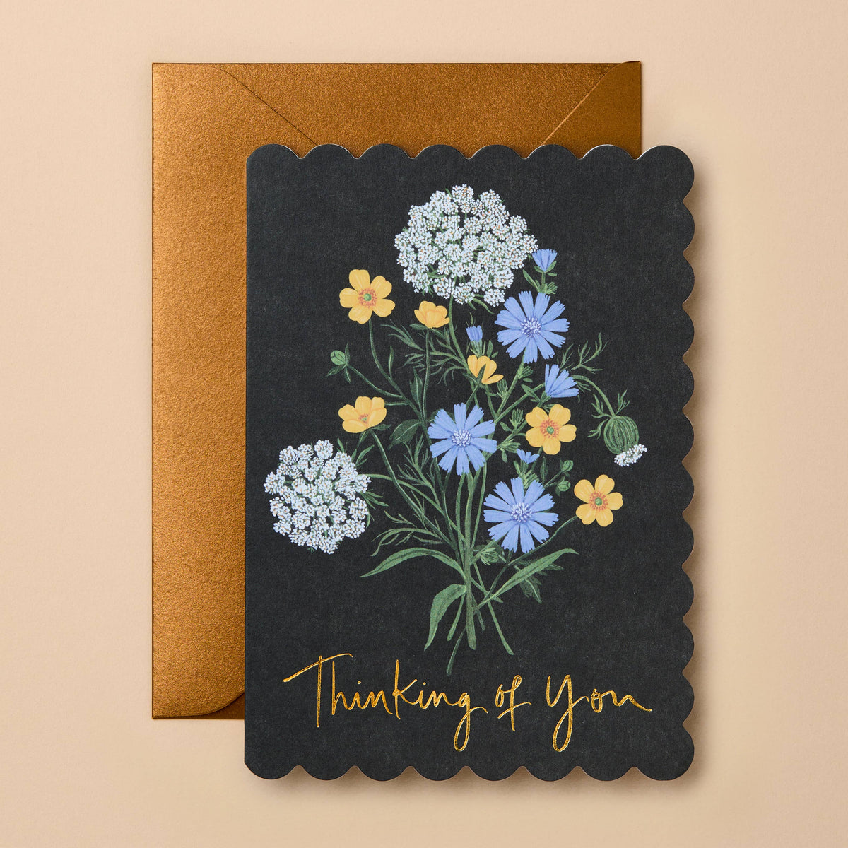 Thinking of You card by Gabrielle & Celine, gold foil lettering on a gouache floral