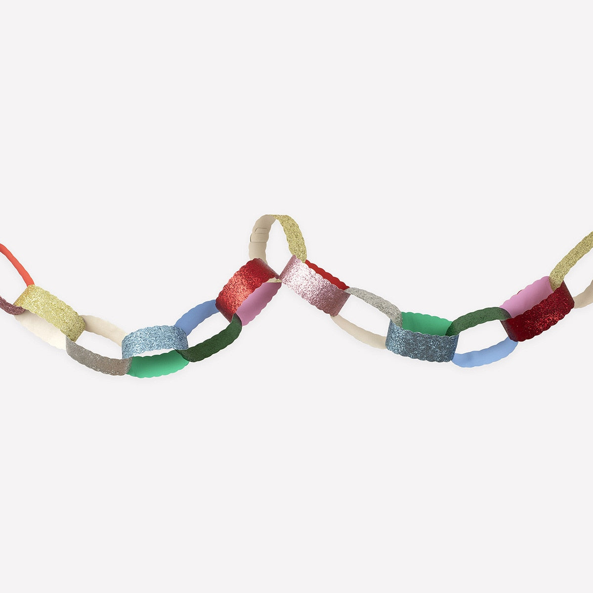 Giant glitter paper chains in red, gold, green, blue, pink and silver