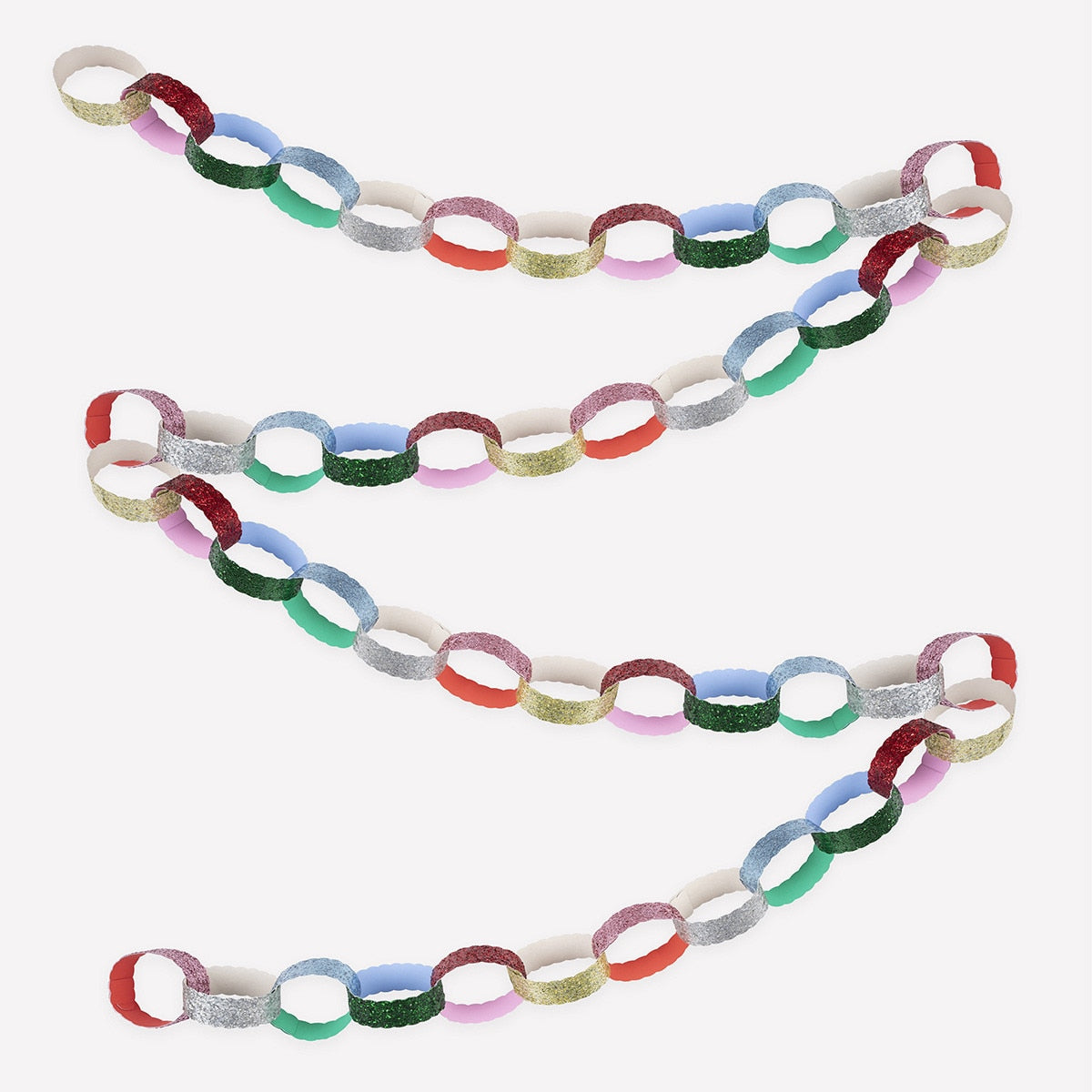Glitter paper chains in red, gold, green, blue, pink and silver