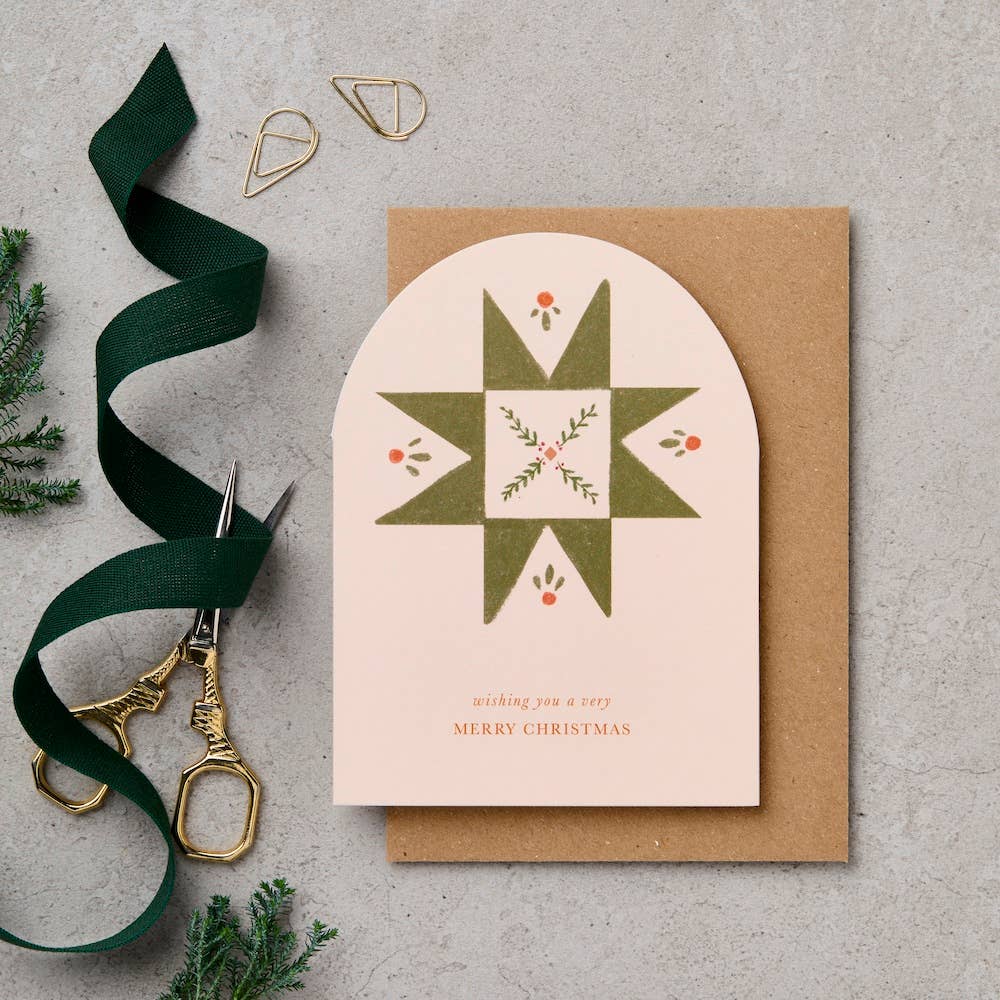 ARCH QUILT MOTIF GREEN WISHING YOU A MERRY CHRISTMAS | CARD BY KATIE LEAMON