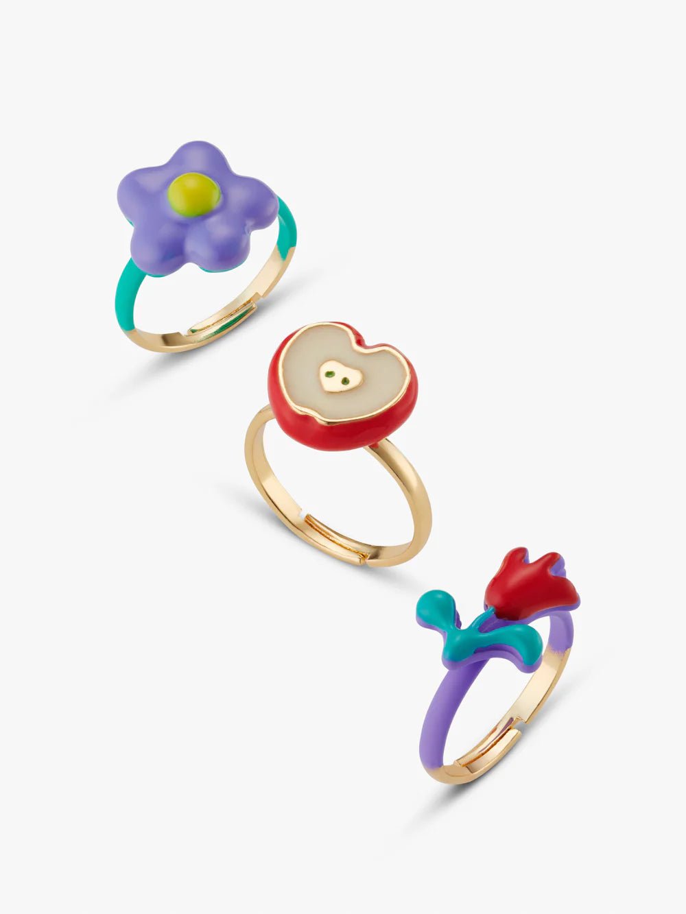 3 PACK APPLE AND FLOWERS RING SET - OTHERLETTERS