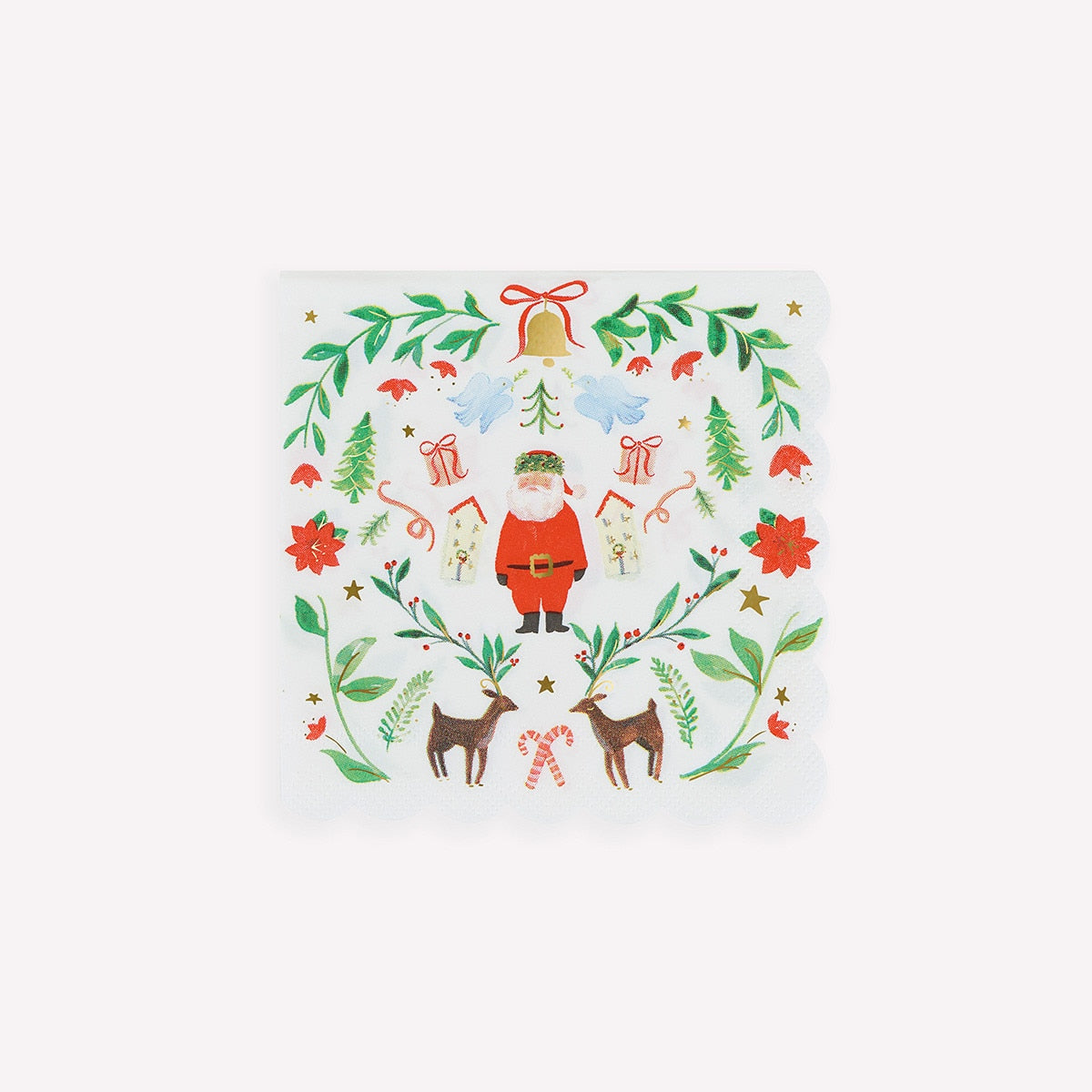 Santa patterned small napkins in red and green with gold foil