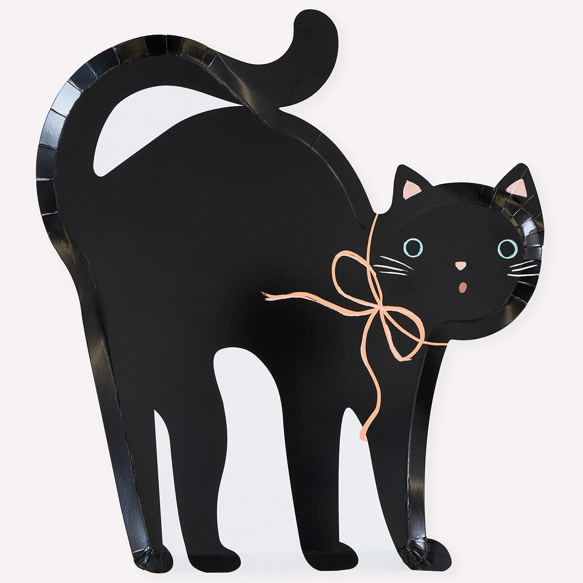 Halloween black cat shaped paper plates with an orange bow design