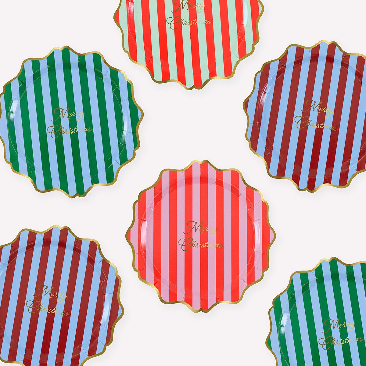 Striped Merry Christmas paper plates in four colour combinations