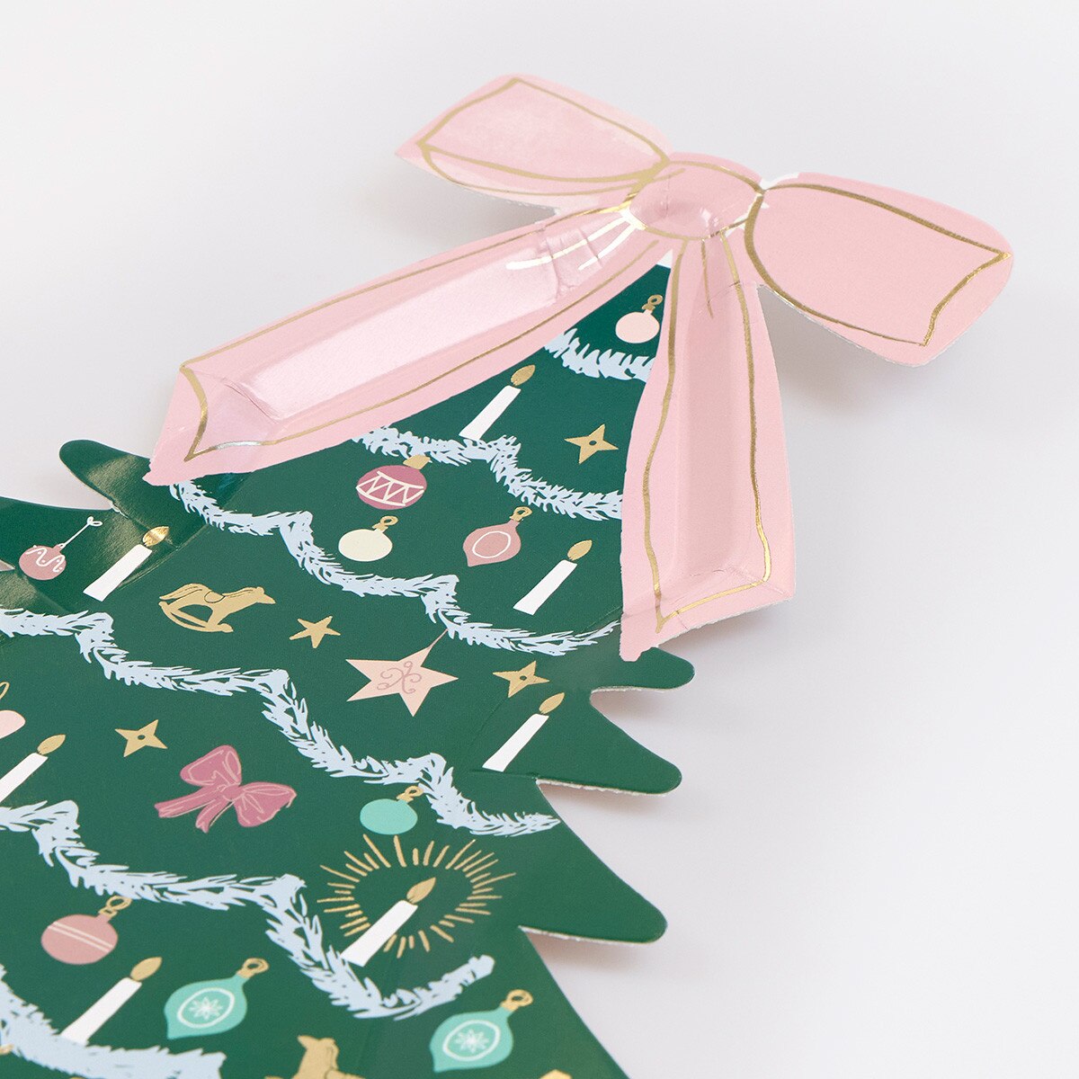 Heavyweight tree shaped paper plates with a pink bow and gold foil