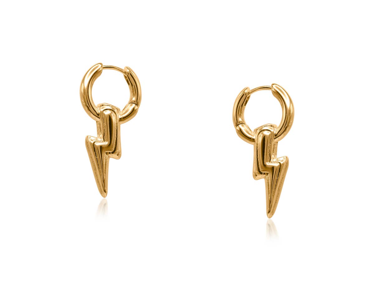 Gold Symbols of Power petite hoop earrings with a lightning bolt charm