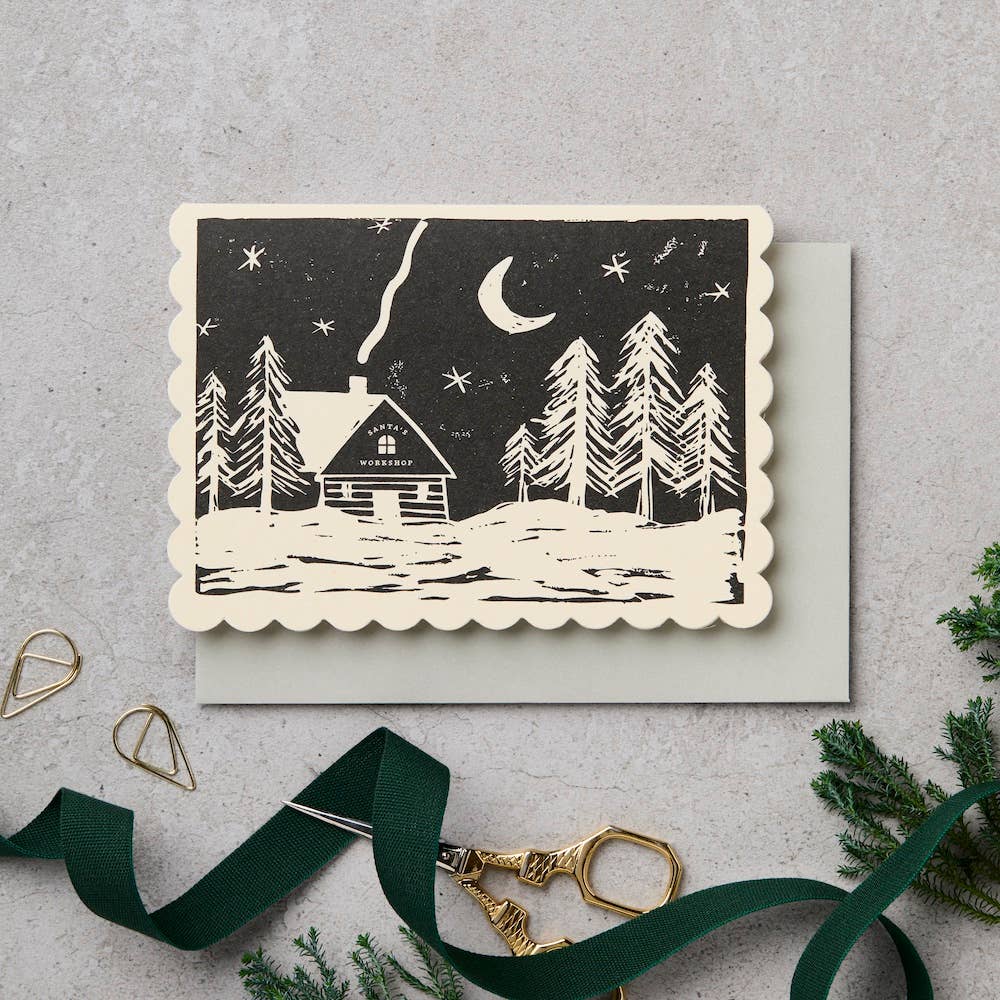 LINO CUT SANTA'S WORKSHOP CHRISTMAS | CARD BY KATIE LEAMON