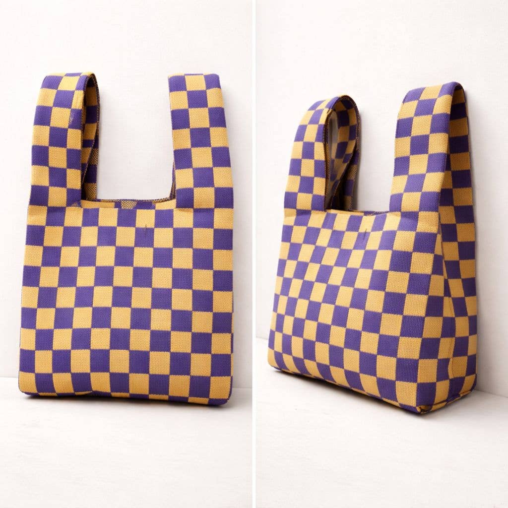 YELLOW AND PURPLE BOLD CHECK KNITTED BAG | MEDIUM