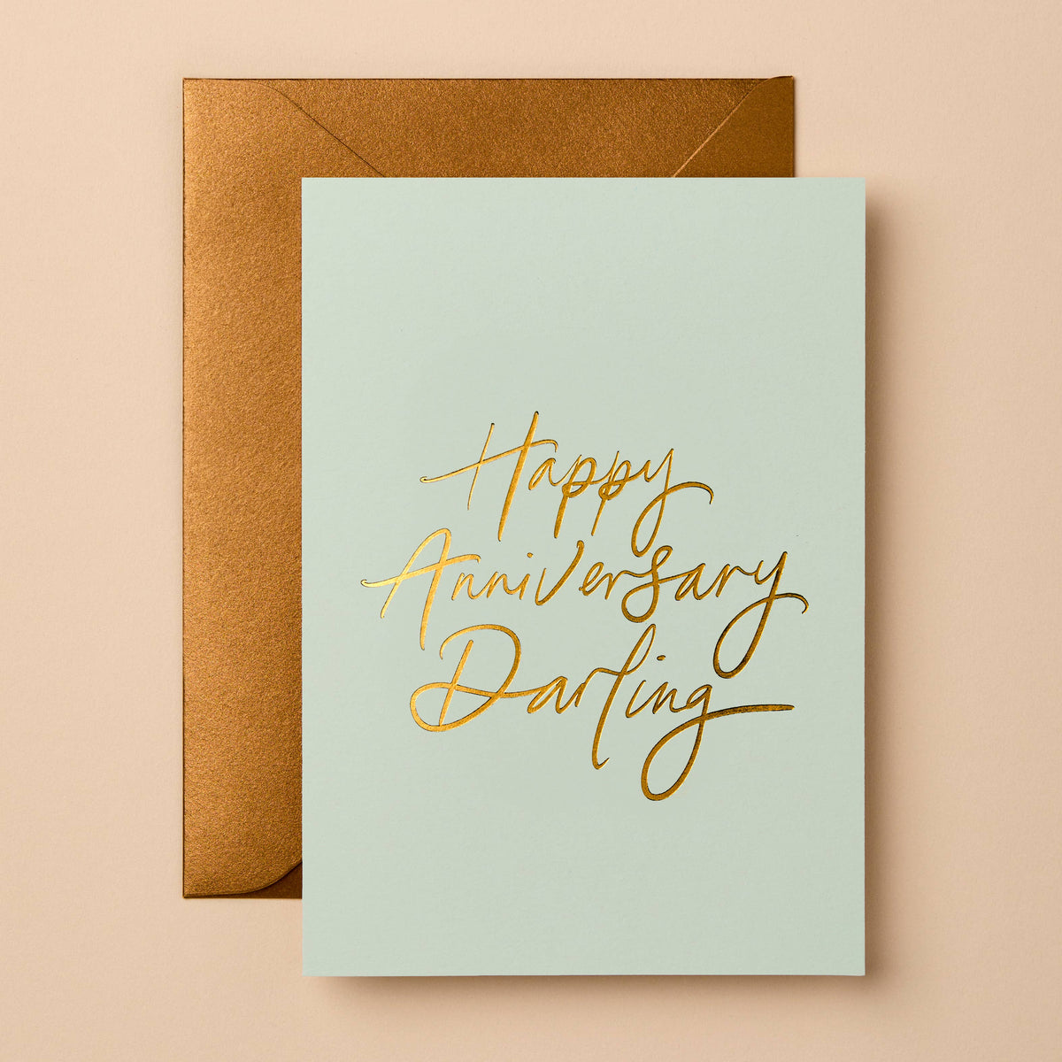 Happy Anniversary Darling card by Gabrielle & Celine, gold foil lettering on mint