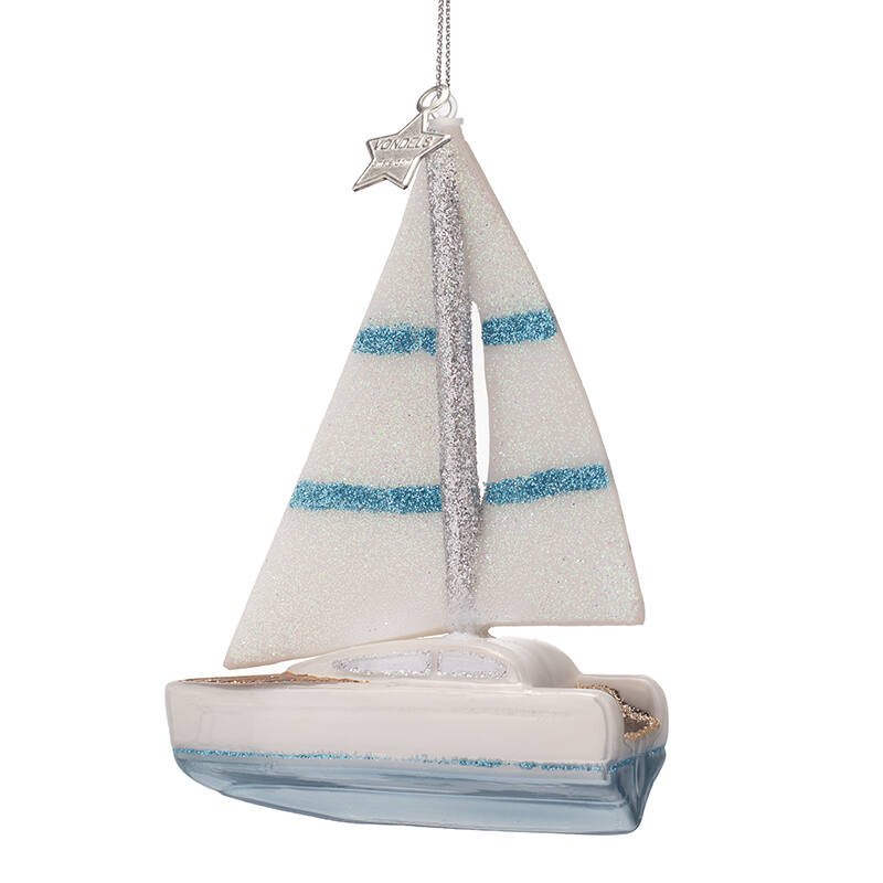 WHITE SAILING BOAT GLASS TREE DECORATION - OTHERLETTERS