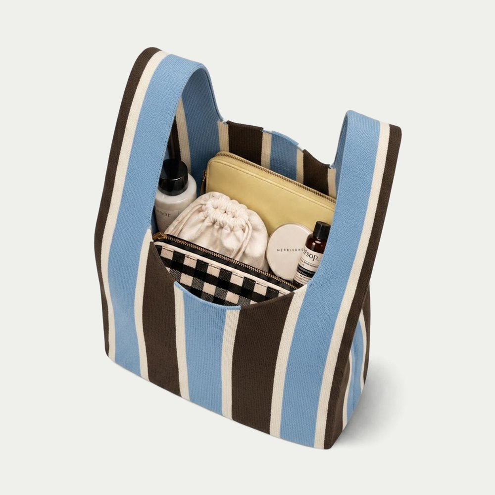 BLUE AND BROWN STRIPE KNITTED BAG | MEDIUM