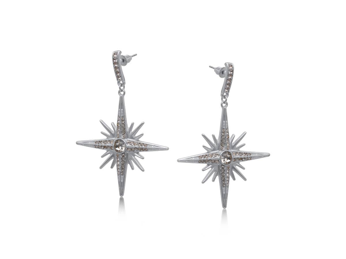 Silver North Star encrusted starburst drop earrings