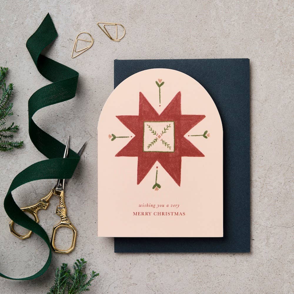 ARCH QUILT MOTIF RED WISHING YOU A MERRY CHRISTMAS | CARD BY KATIE LEAMON