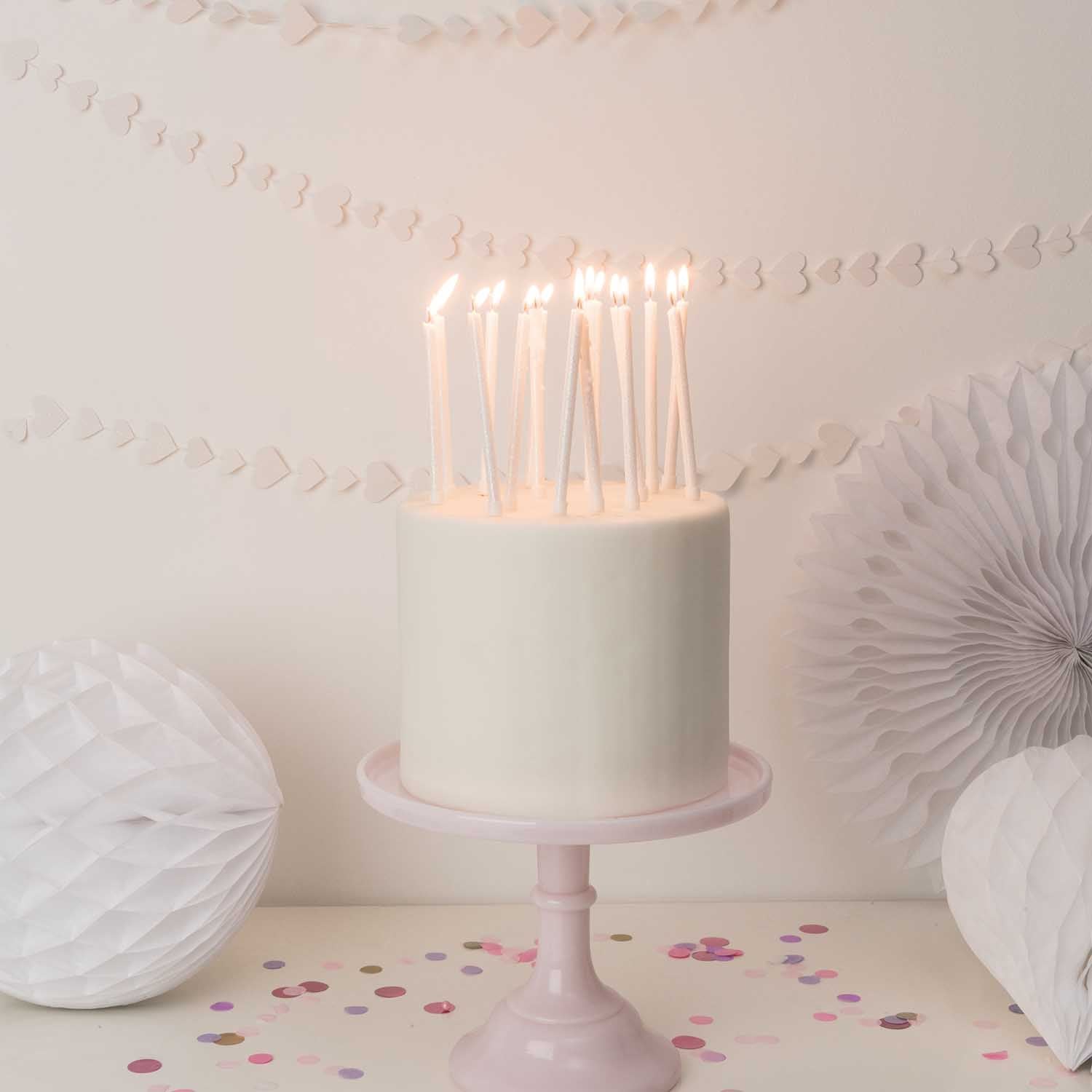 SHORT BIRTHDAY CAKE CANDLES | WHITE GLITTER