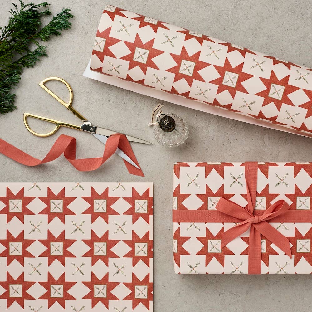 RED QUILT PATTERN CHRISTMAS WRAPPING PAPER | 3 SHEETS ROLLED