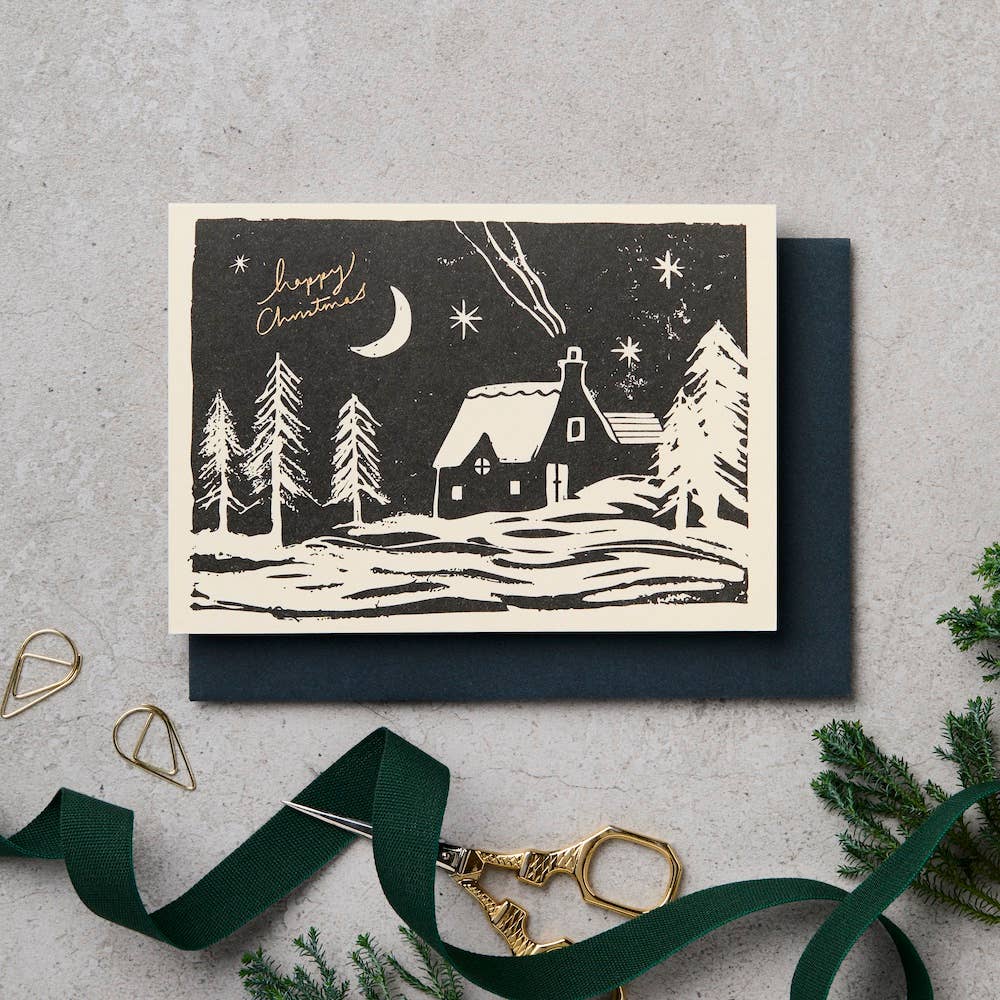 LINO CUT HAPPY CHRISTMAS | CARD BY KATIE LEAMON
