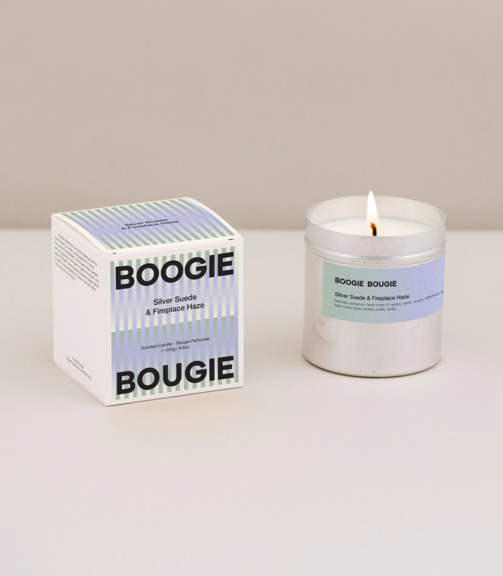 BOOGIE BOUGIE SILVER SUEDE & FIREPLACE HAZE CANDLE - OTHERLETTERS