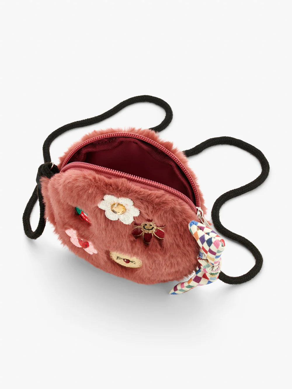 CAT & FLOWER CROCHET PATCH ROUND CROSS BODY BAG FAUX FUR