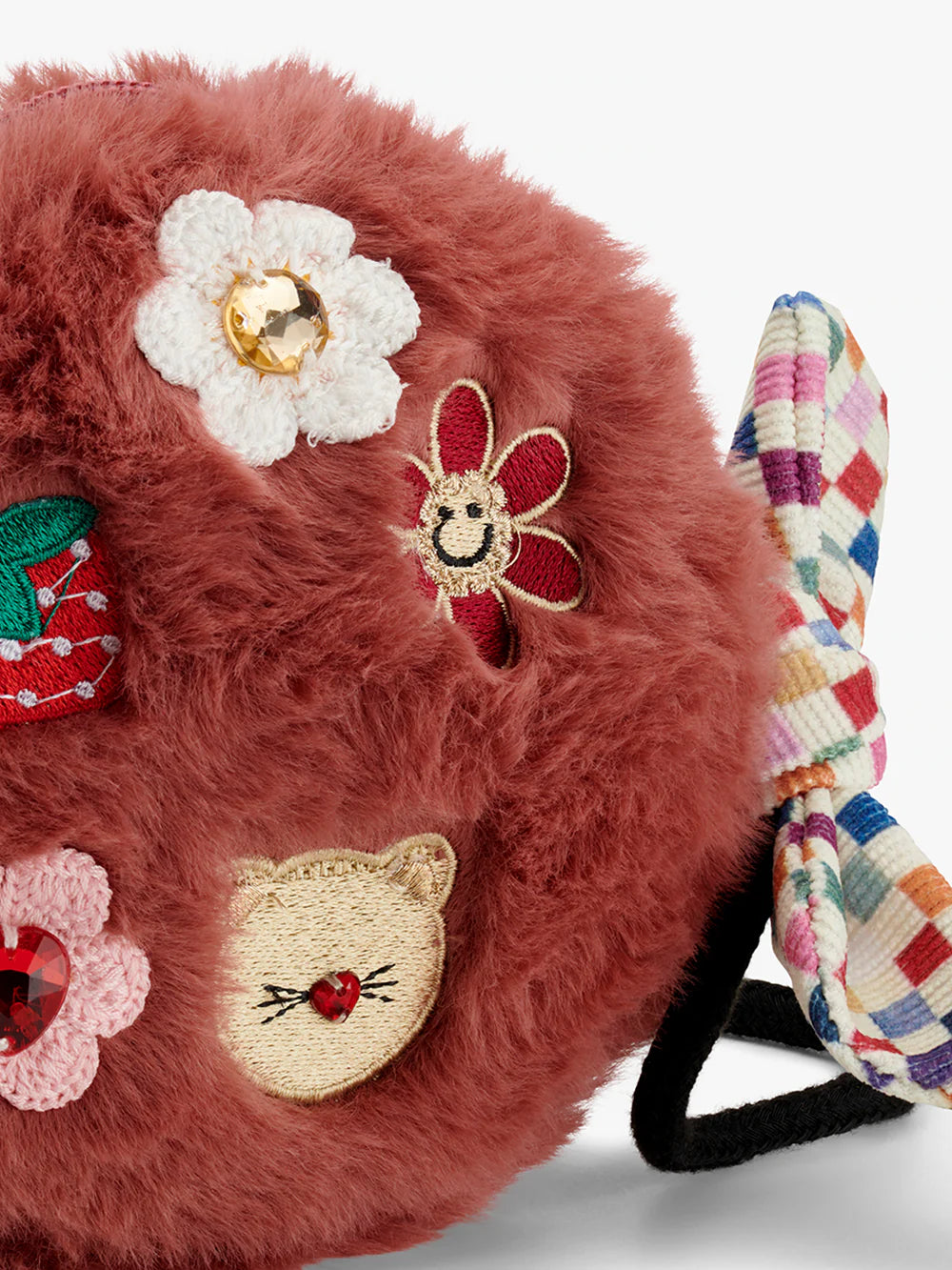 CAT & FLOWER CROCHET PATCH ROUND CROSS BODY BAG FAUX FUR