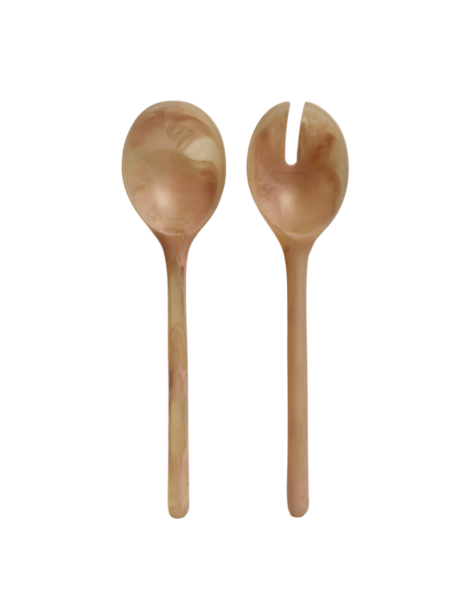 Coral resin salad servers shown from another angle
