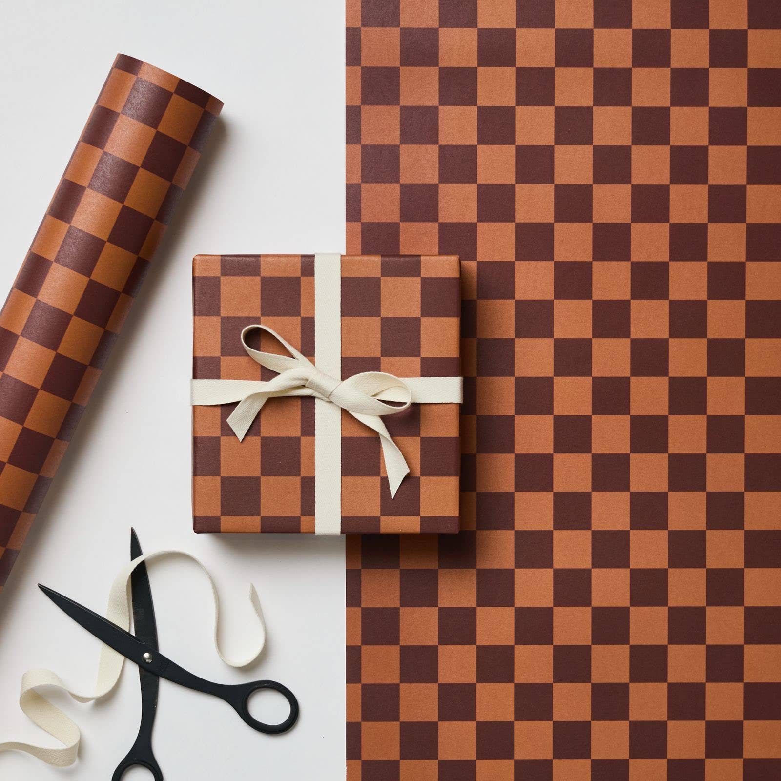 CINNAMON/ DARK BROWN CHECKERBOARD GIFT WRAP | 3 SHEETS ROLLED - OTHERLETTERS