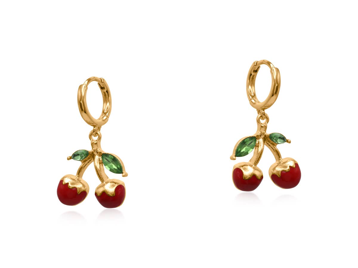 Gold Bellas huggie earrings with a red enamel cherry charm