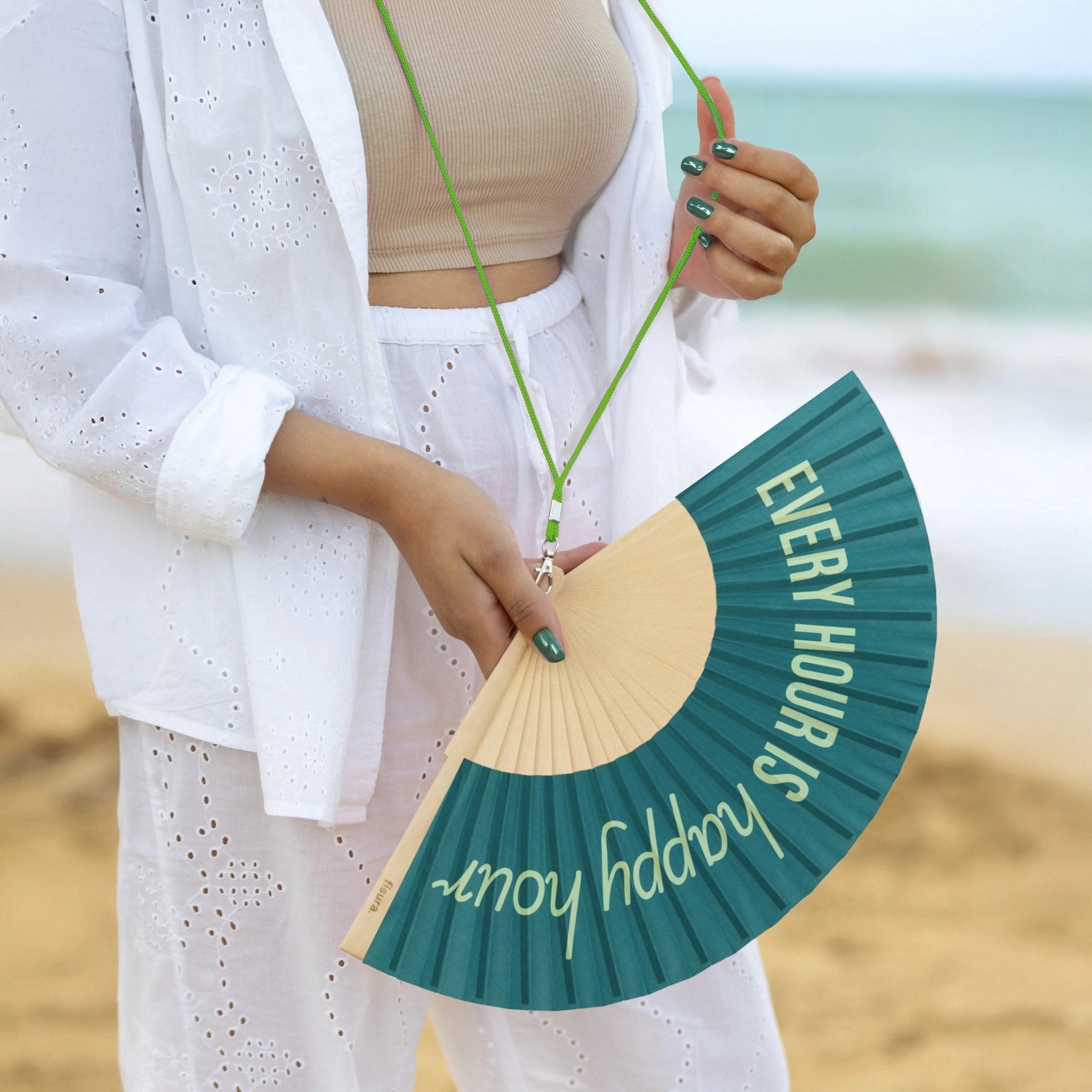 GREEN "EVERY HOUR IS HAPPY HOUR" HAND FAN - OTHERLETTERS