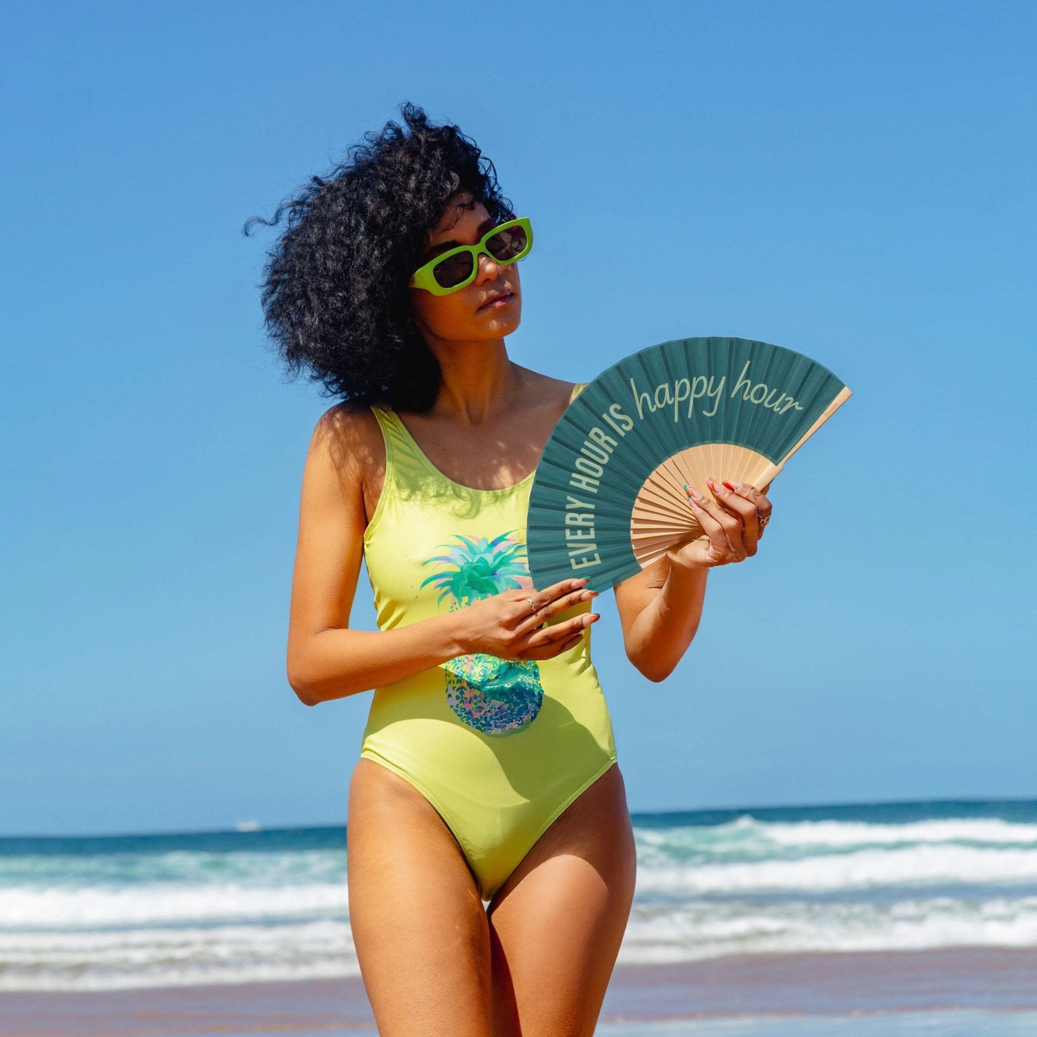 GREEN "EVERY HOUR IS HAPPY HOUR" HAND FAN - OTHERLETTERS