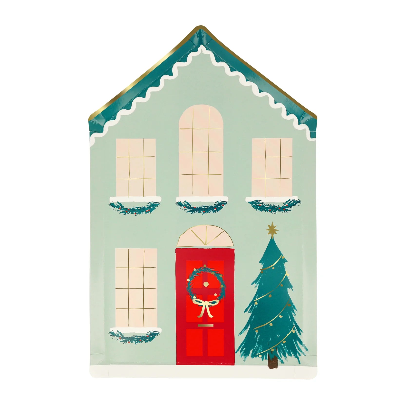 Close-up of the festive house print on the plate