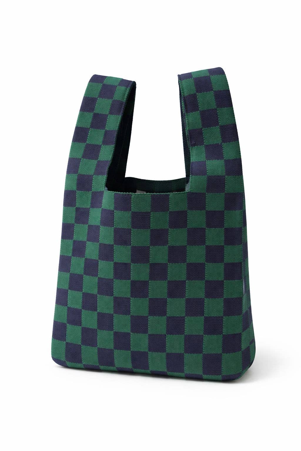 NAVY AND DARK GREEN BOLD CHECKER KNITTED BAG | MEDIUM - OTHERLETTERS