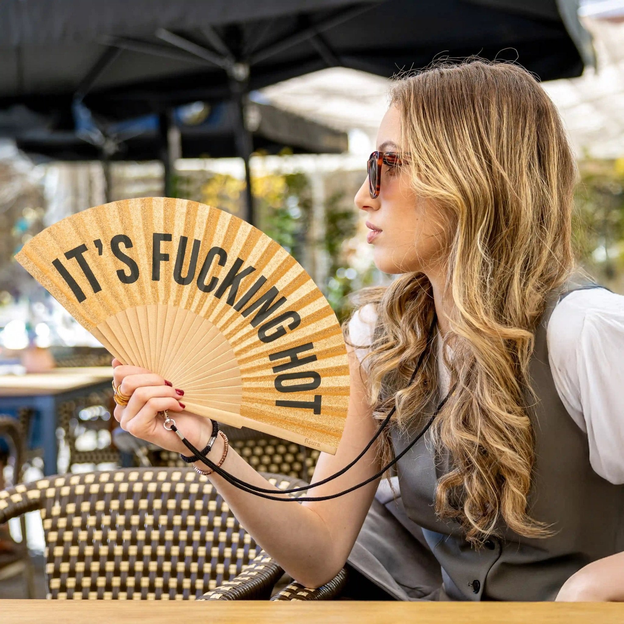 * PRE ORDER * GOLD GLITTER 'IT'S FUCKING HOT" HAND FAN - OTHERLETTERS