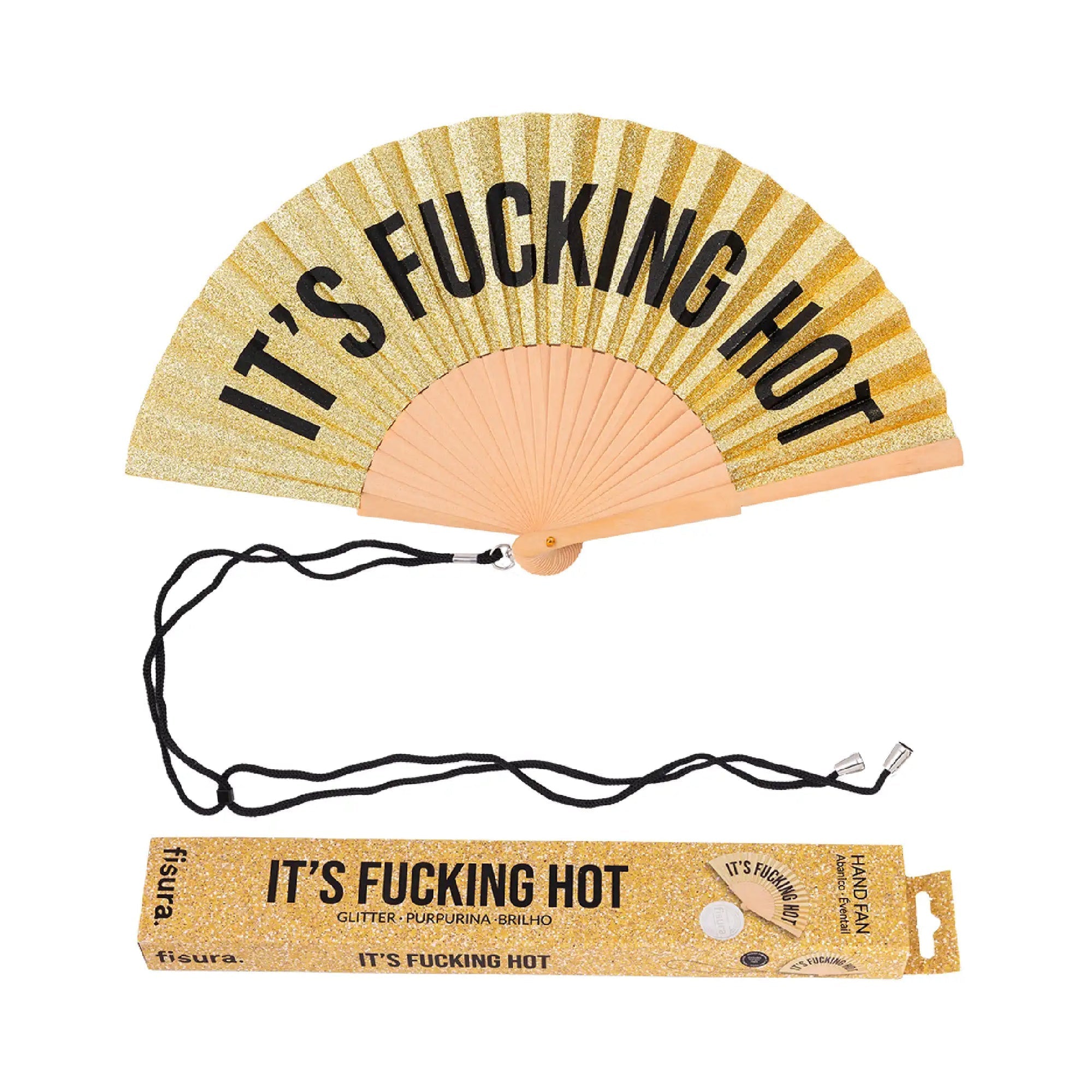 * PRE ORDER * GOLD GLITTER 'IT'S FUCKING HOT" HAND FAN - OTHERLETTERS